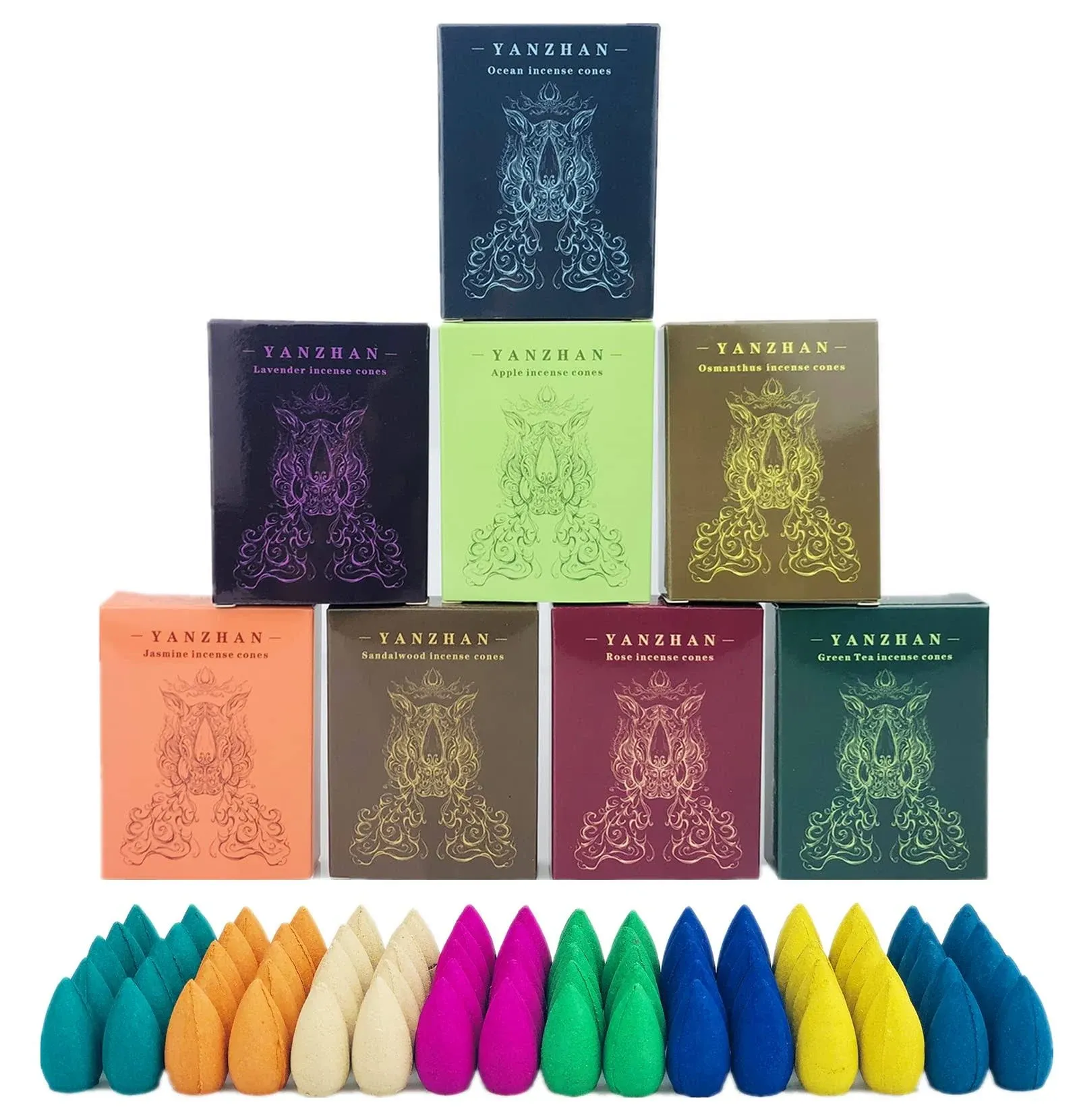 80 Pcs Backflow Incense Cones 8 Mixed Natural Scents Sandalwood Rose Green Tea L