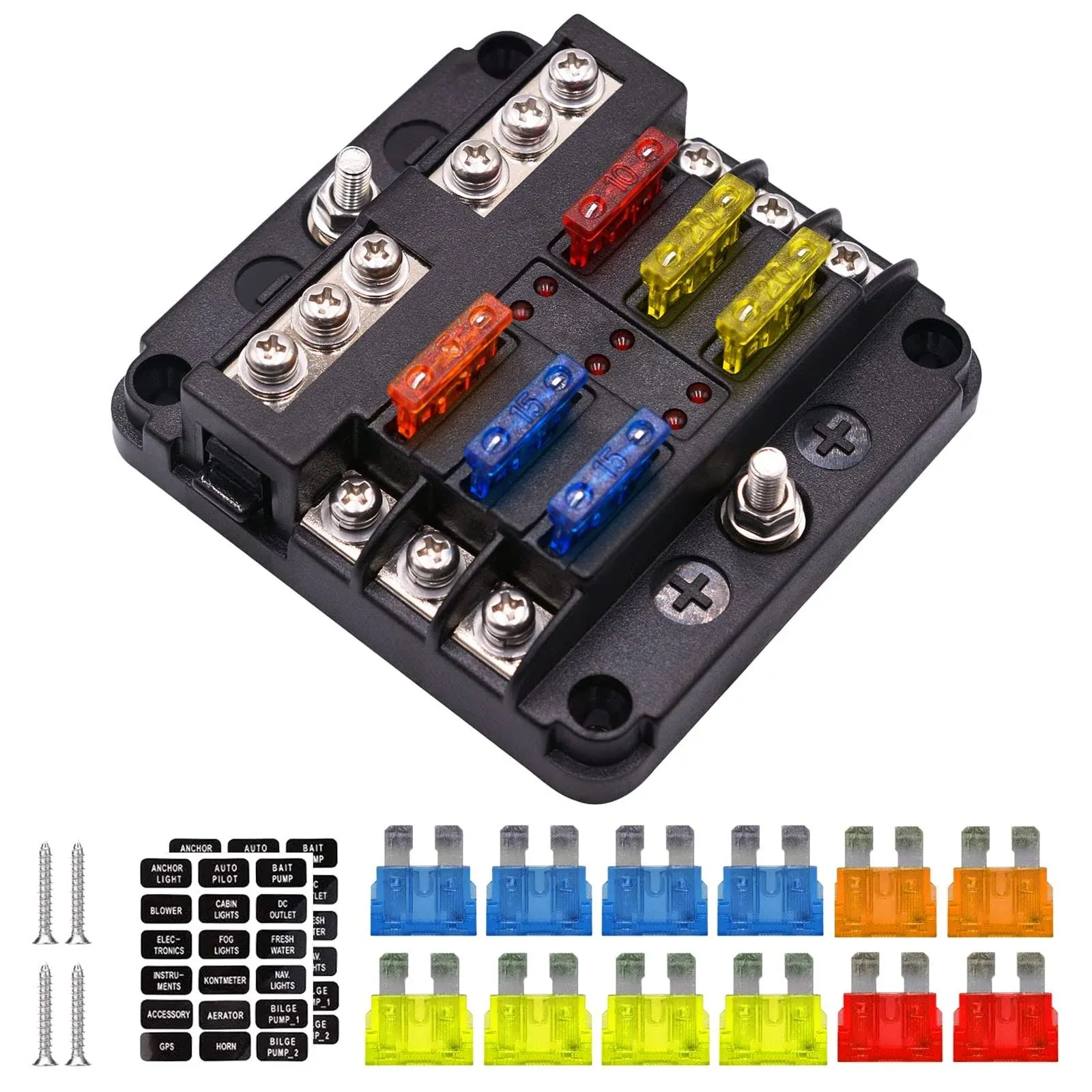 Umisky 6-Way Fuse Box Blade Fuse Blocks with LED Warning Indicator Damp-proof ...