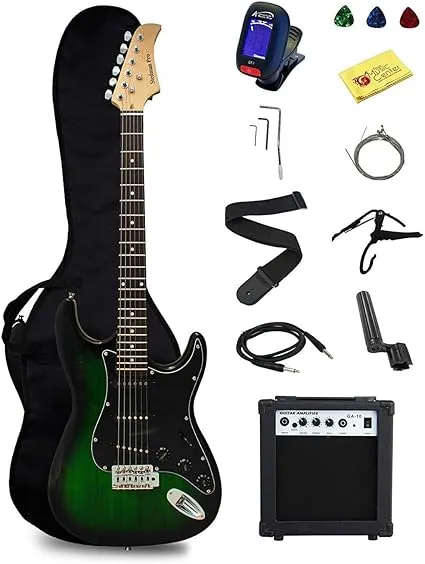 Stedman Pro EG39-TGRB-10W Beginner Series Electric Guitar with Case, Strap, Cable, Capo, Picks, Electronic Tuner, String Winder and Polish Cloth, 10W Amp, Transparent Green/Black Picguard