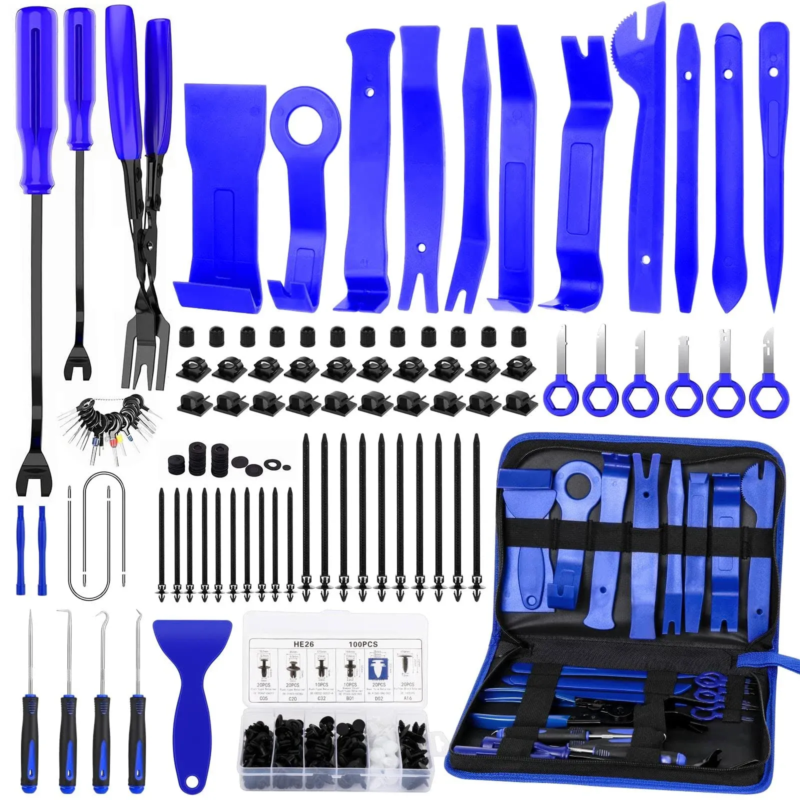 GLK 248pcs Trim Removal Tool, Pry Tool, Door Panel Radio/Stereo Terminal Removal Tool Kit, Fasteners Remover, with Car Retainer Bumper Clips,Automotive Hook Set, Blue