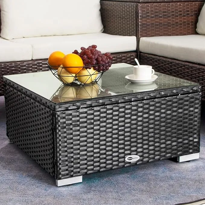 Outdoor Coffee Table Wicker Patio Side Table With Glass Top25.2in Black