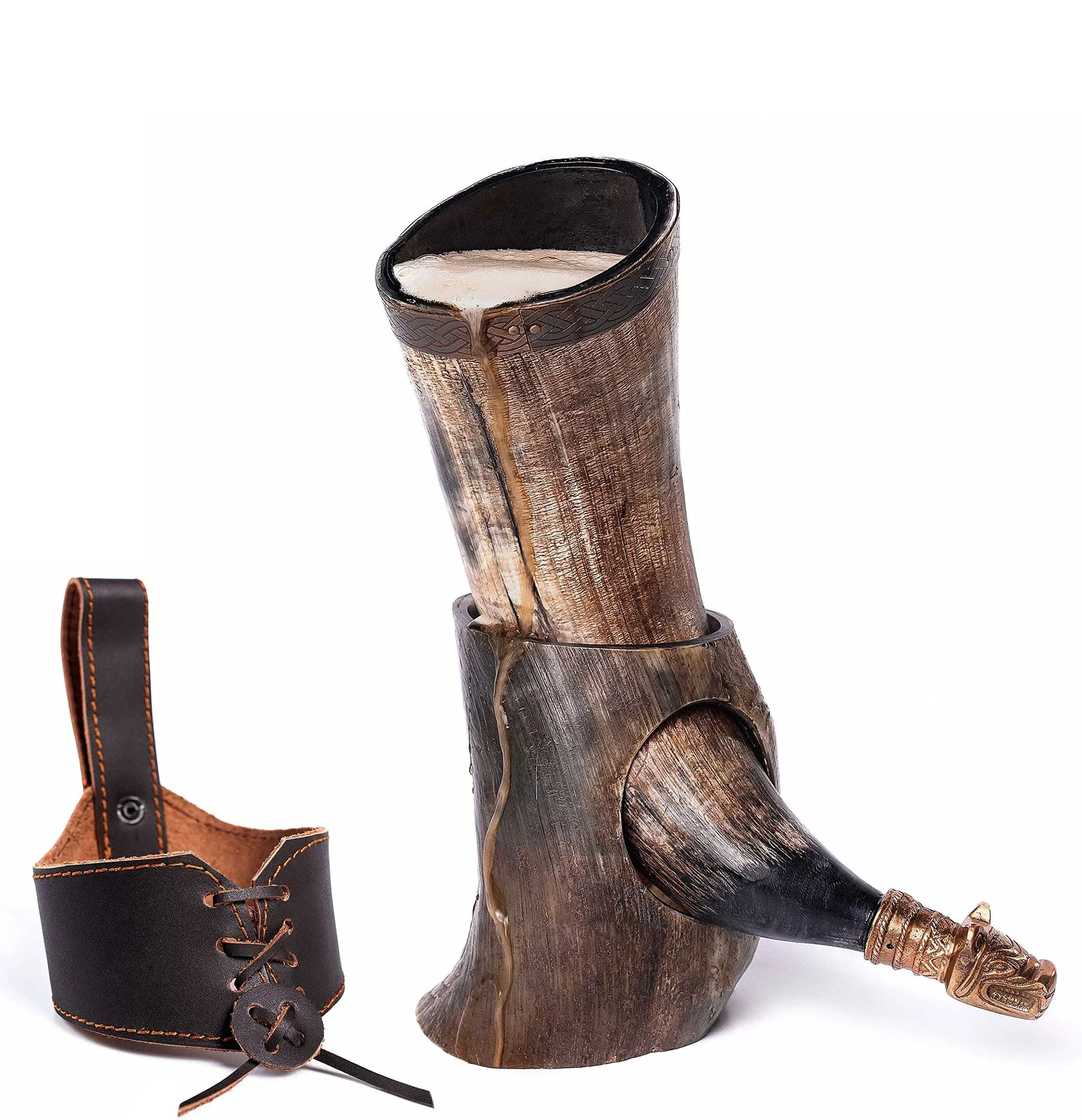 Norse Tradesman Genuine 12" Ox-Horn Viking Drinking Horn with Antique Brass Rim & Wolf Tip, Brown Leather Belt Holster, Fitted Horn Stand & Burlap Gift Sack - The Fenrir, 12-Inches, Low Polish