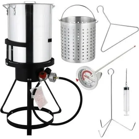 ROVSUN 30QT Turkey Fryer with 55,000BTU Propane Stove, Aluminum Deep Fryer & Seafood Crawfish Boiler Steamer with Basket, Thermometer, Marinade Injector, Turkey Rack & Rack Lifter for Outdoor Cooking