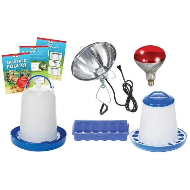 Double-Tuf® Chicken and Poultry Starter Kit | Heat Lamp, Light Bulb, Feeders, Waterer, and Guide Book for Backyard Outdoor Chick Farmers | Backyard Chicken Beginner Supply Kit