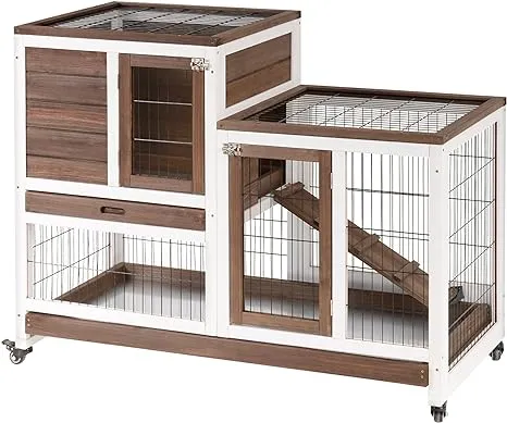 PawHut Wooden Rabbit Hutch Elevated Bunny Cage Indoor Small Animal Habitat with Enclosed Run with Wheels, Ramp, Removable Tray Ideal for Guinea Pigs, Brown