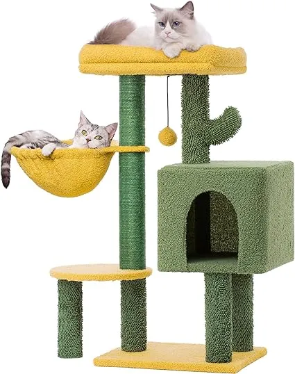 Cat Tree 34 Inches Cat Tower with Padded Top Perch, Comfy Hammock, Private Condo, Fully Scratching Post and Dangling Bell Ball for Indoor Cats-Beige