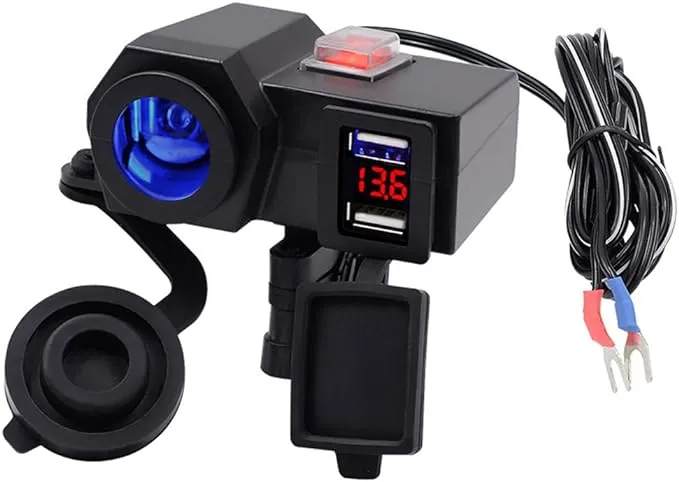 iMESTOU Waterproof Motorcycle 12V Cigarette Lighter Socket 5V 2.1A Dual USB Phone Charger Power Adapter with Voltmeter Mount on Handlebar for Phones/Tablets/GPS