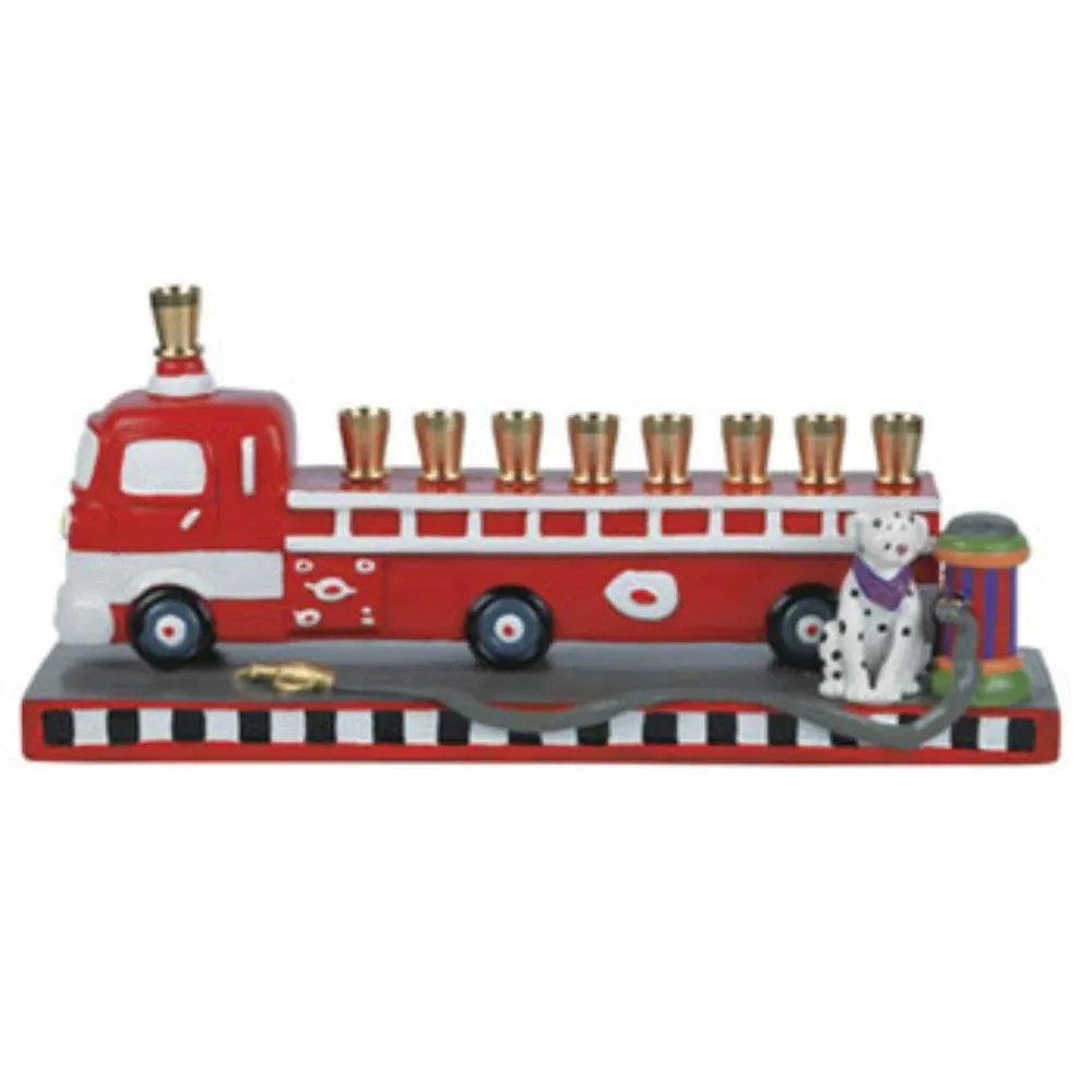 3D Fire Truck Menorah Collectible Fire Engine Menorah with Sculptured Dalmatian Fire Dog & Hydrent Menorah Fits Standard Hanukkah Candles