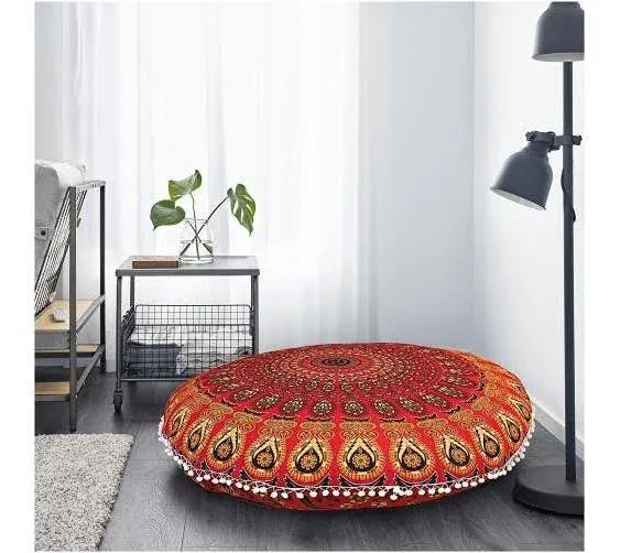 32" Peacock Mandala Bohemian Yoga Meditation Floor Pillow Cover Comfortable Home Car Bed Sofa Cushion Couch Seating Large Zipped Throw (32 inches, Red)