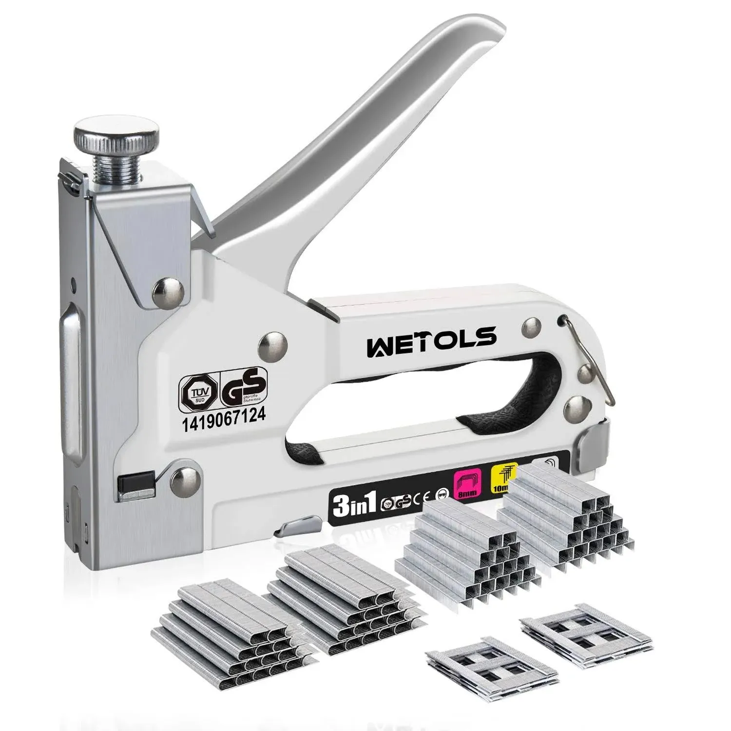 WETOLS Staple Gun, Heavy Duty Staple Gun, 3 in 1 Manual Nail Gun with 6000 Staples(D, U and T-Type), for Upholstery, Material Repair, Carpentry, Decoration, Furniture, DIY, WE-811