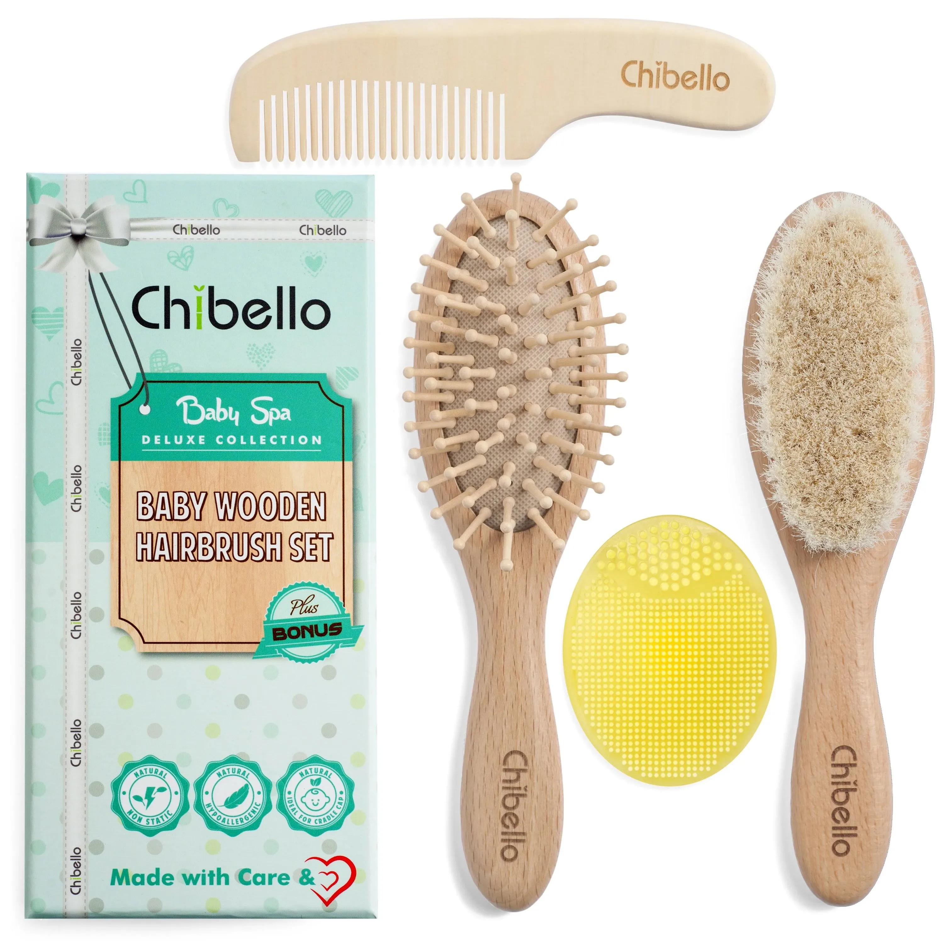 Chibello 4 Piece Wooden Baby Hair Brush and Comb Set