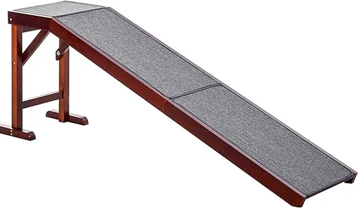 PawHut Pet Ramp for Dogs Non-Slip Carpet Top Platform Pine Wood 69.75 inchl x 16 inchw x 25 inchh, Brown Grey