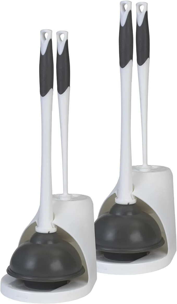 Clorox Toilet Plunger and Bowl Brush Combo Set with Caddy, 6.75" x 7" x 19.5", White/Gray, Pack of 2