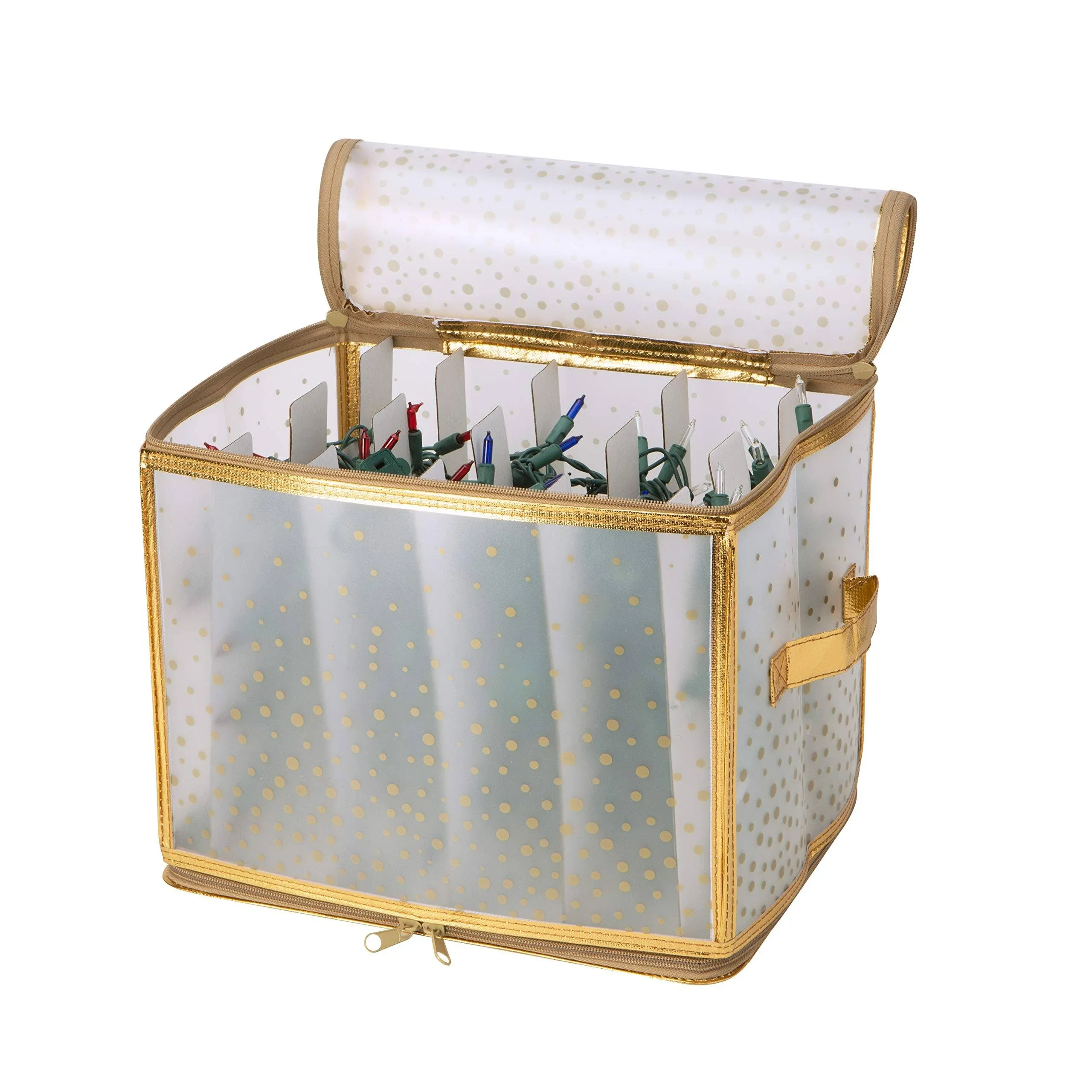 Simplify Holiday Light Organizer Box | Holds 500 Lights | Christmas Storage | Tree String Lights | 5 Divider Reels | Collapsible | Ultra Zip | Gold