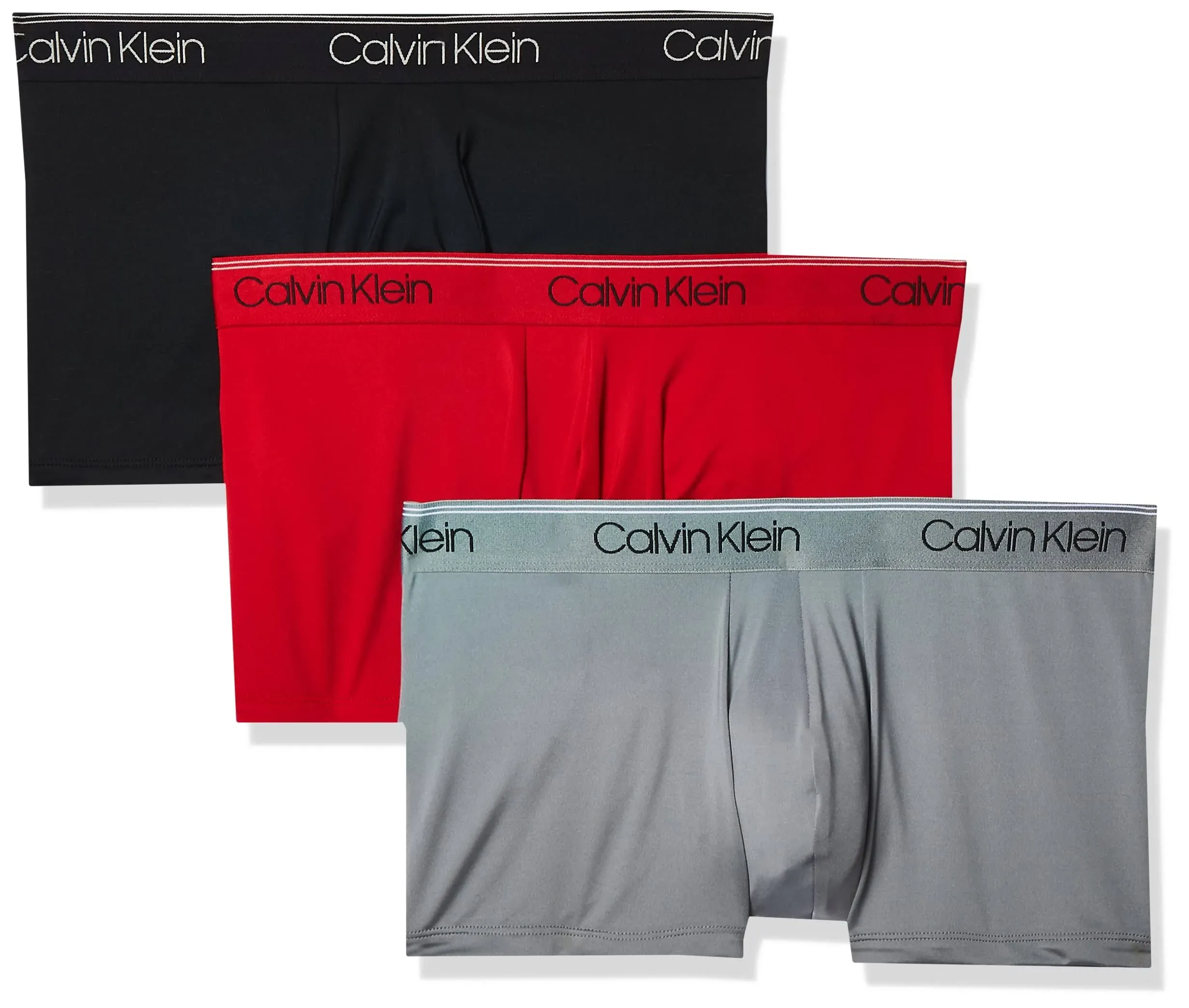 Calvin Klein Men&#039;s Micro Stretch 3-Pack Low Rise Trunk, Black/Convoy/R<wbr/>EDGala XXL