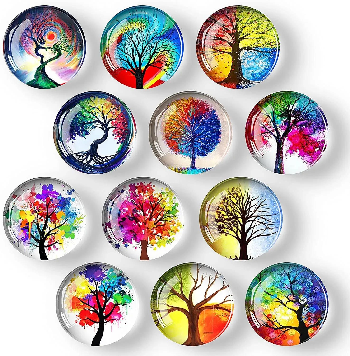 12Pcs Glass Strong Magnetic Refrigerator Magnet Fridge Sticker - Round Life Tree Glass Fridge Decoration, Office Whiteboard Magnet for Cabinet, Dishwasher, Cabinet and Locker