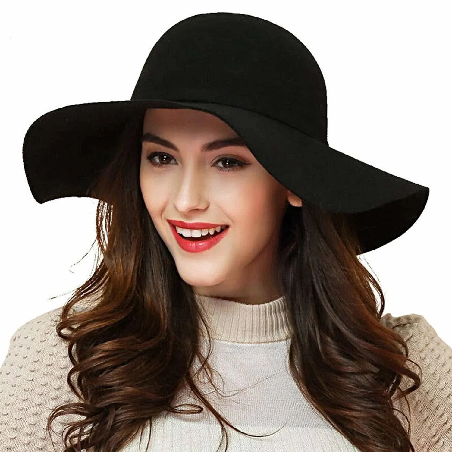 ASSQI Women's Foldable Wide Brim Retro Fedora Floppy Felt Bowler Hat Black