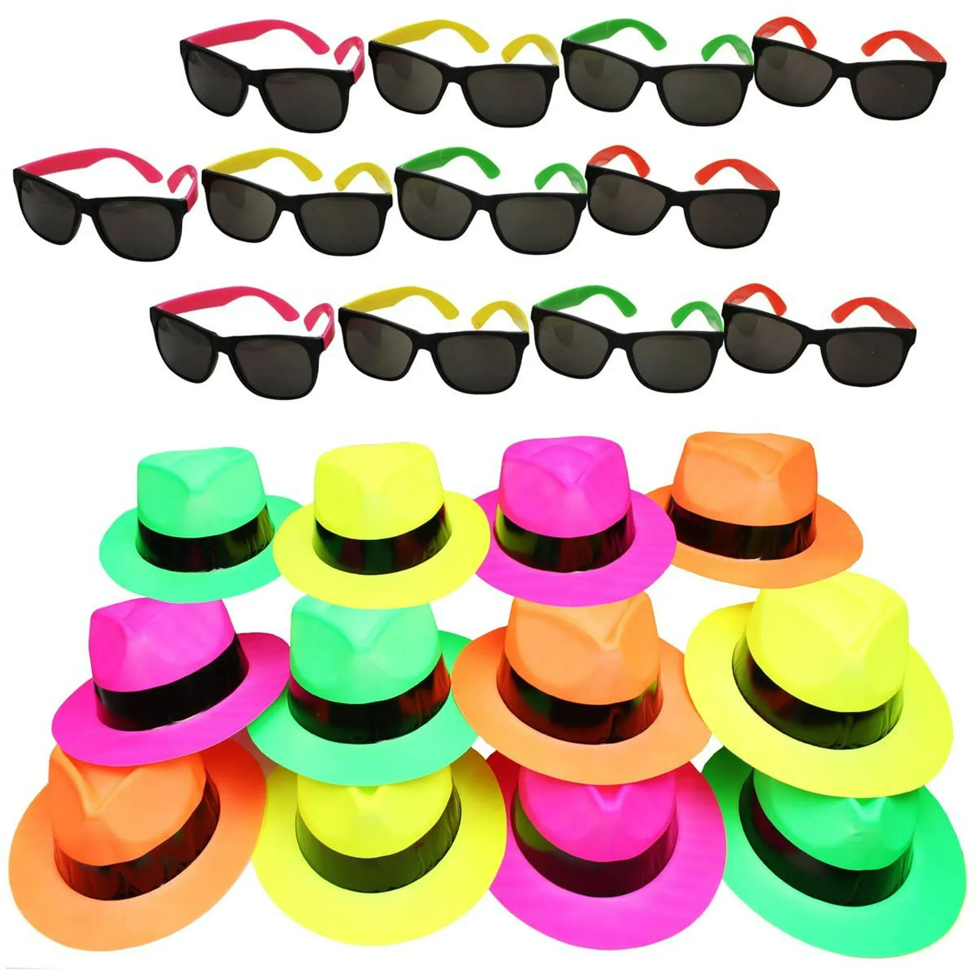 Funny Party Hats Neon Party Supplies - Fedora Party Hats with Party Sunglasses - Gangster Party - 24 PC Set