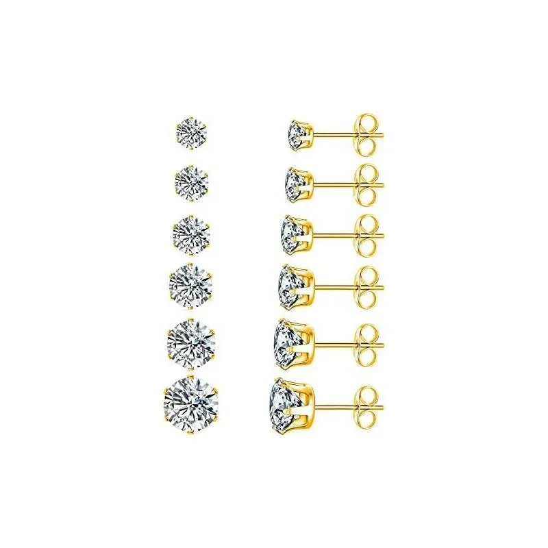 MDFUN 18K Yellow Gold Plated Round Clear Cubic Zirconia Stud Earring Pack of 6