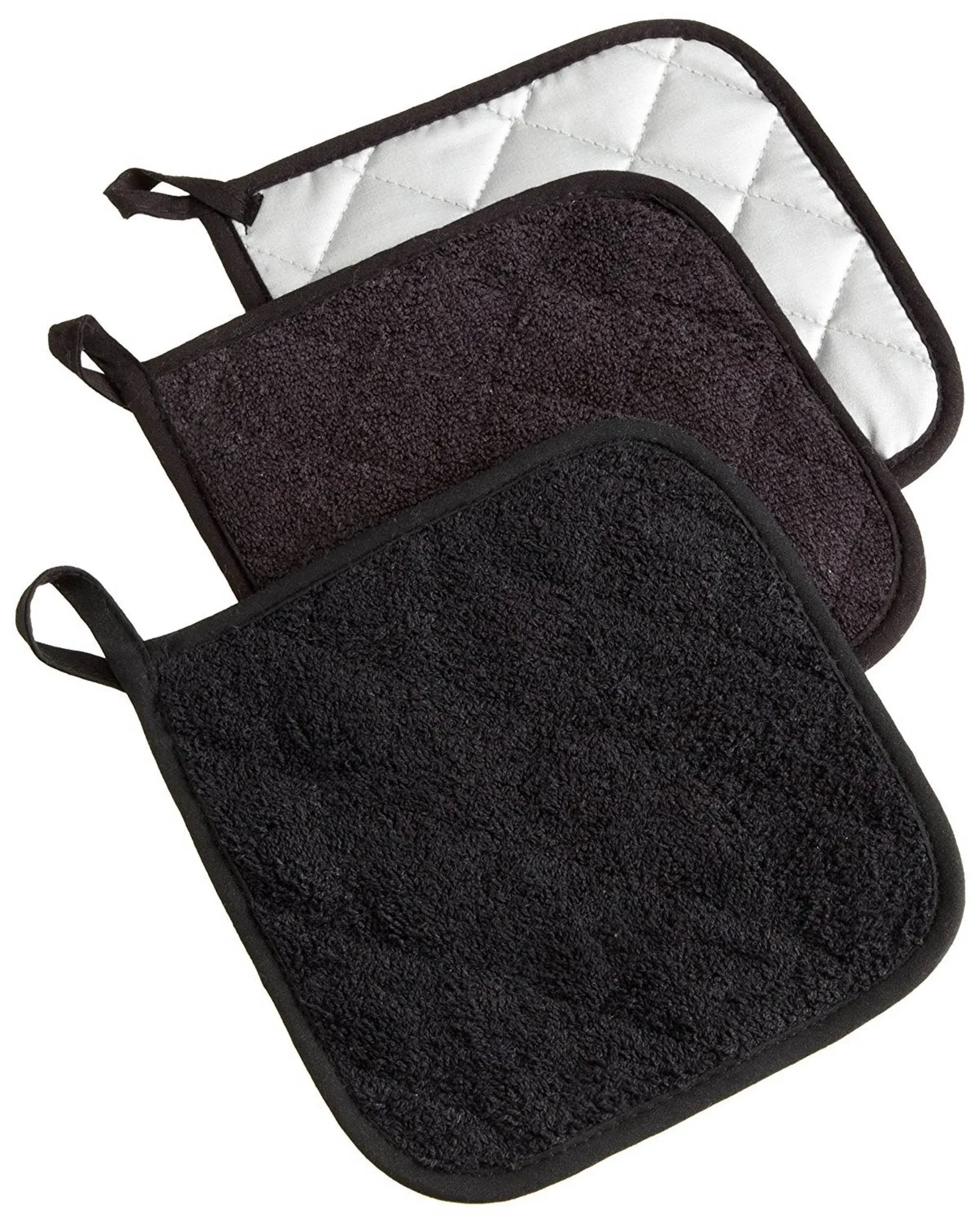 DII Basic Terry Collection Quilted 100% Cotton, Potholder, Black, 3 Piece