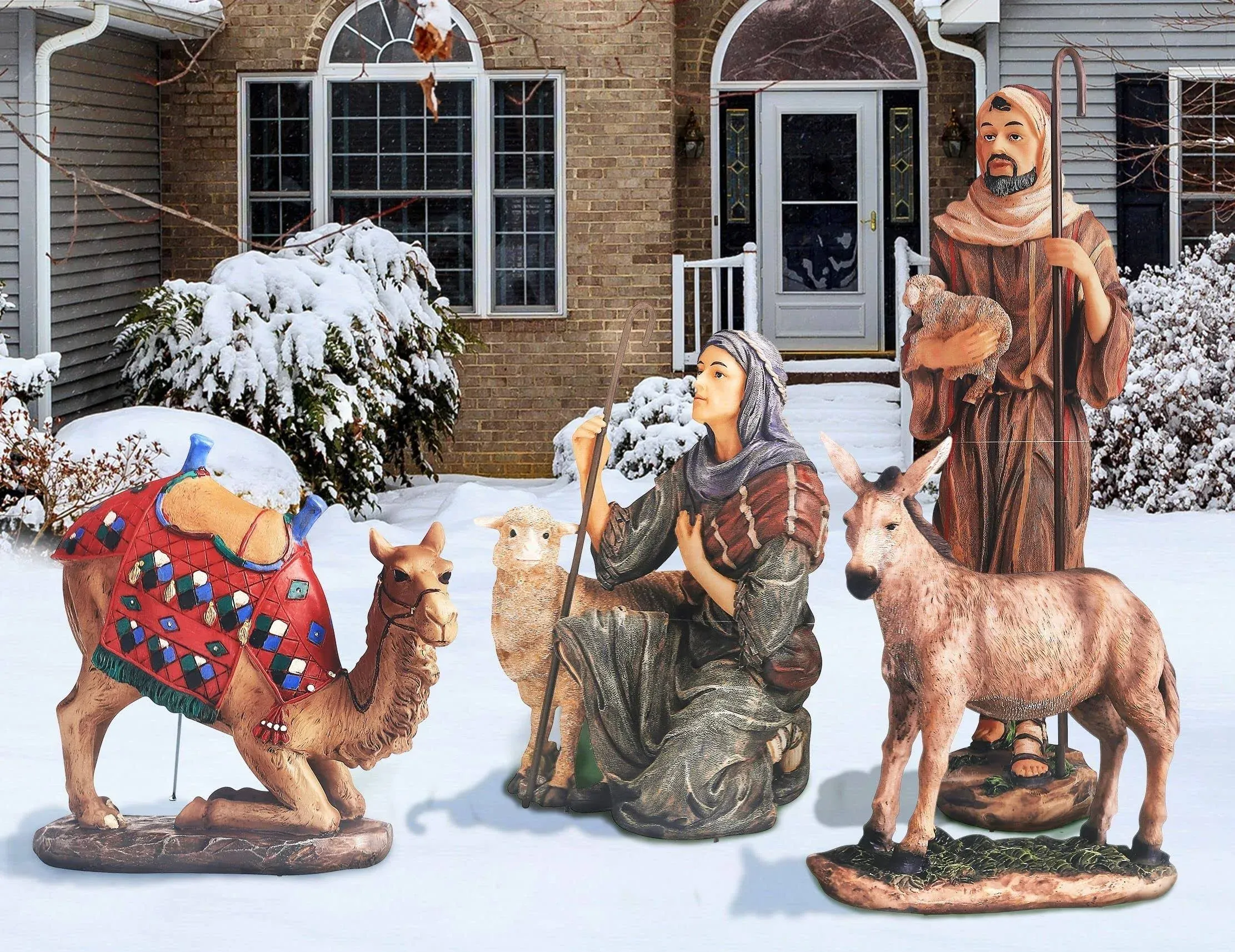 Shepherds, Donkey and Kneeling Camel for Outdoor Christmas Nativity Scene 48" - Colorful High Res Lifelike Printing on Sturdy 22 Gauge Flat Coated Metal, Windguard Bracing, Easy to Set Up