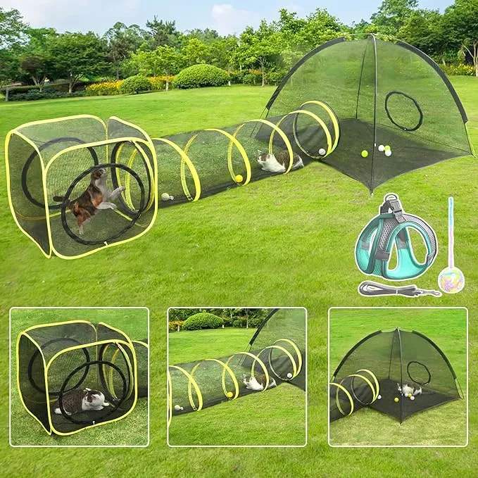 Outdoor Cat Enclosures for Cats Indoor, Portable Mesh Tent, Tunnel, Playhouse with Adjustable Harness and Leash Walking, Colorful Tease Ball Small Animals