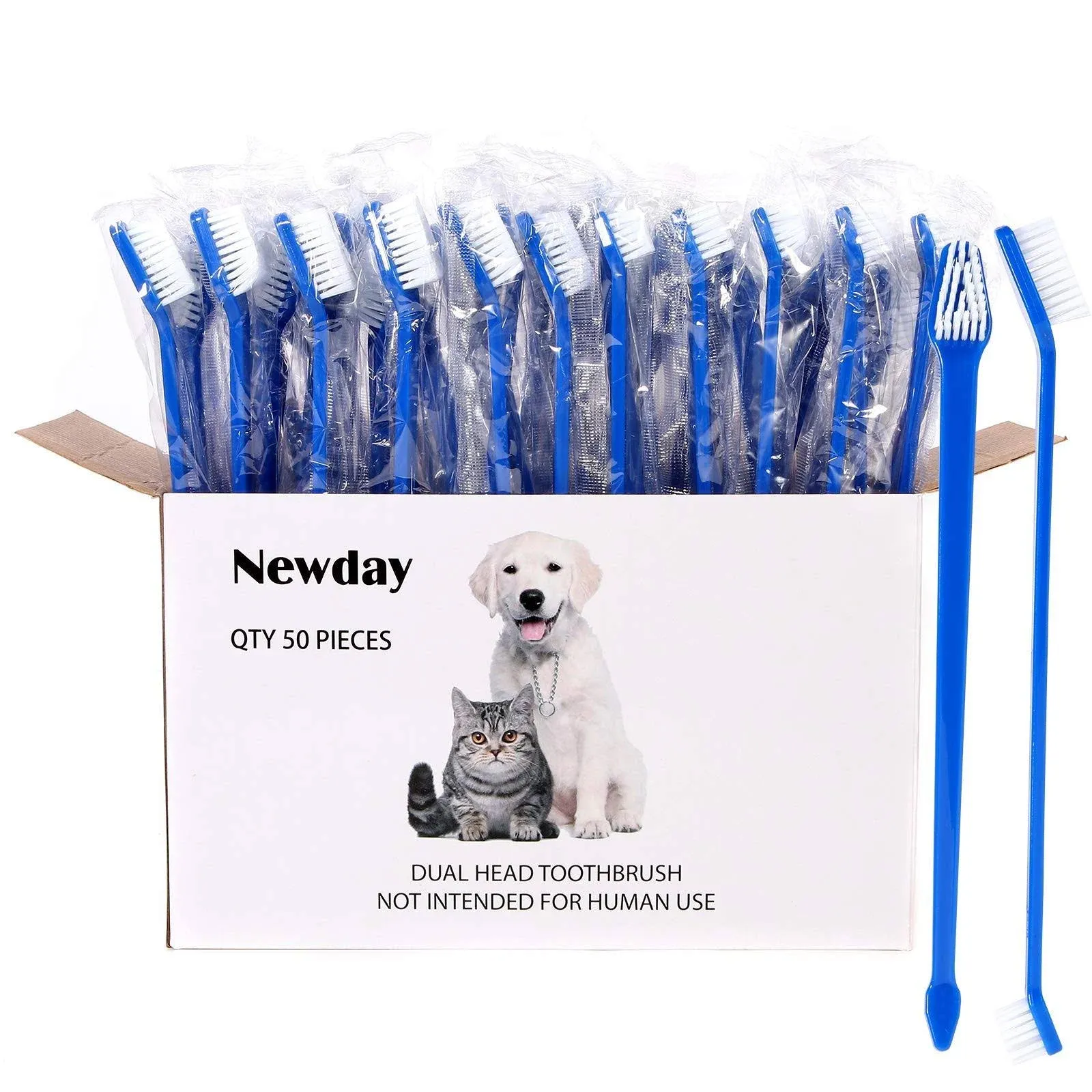 Newday 50 Pieces Double-Headed Dog Cat Pet Toothbrush, Super Soft Bristles Oral Care Teeth, pet Tooth Brush for Dogs, Dog toothbrushes in Bulk Individual polybag (Blue)