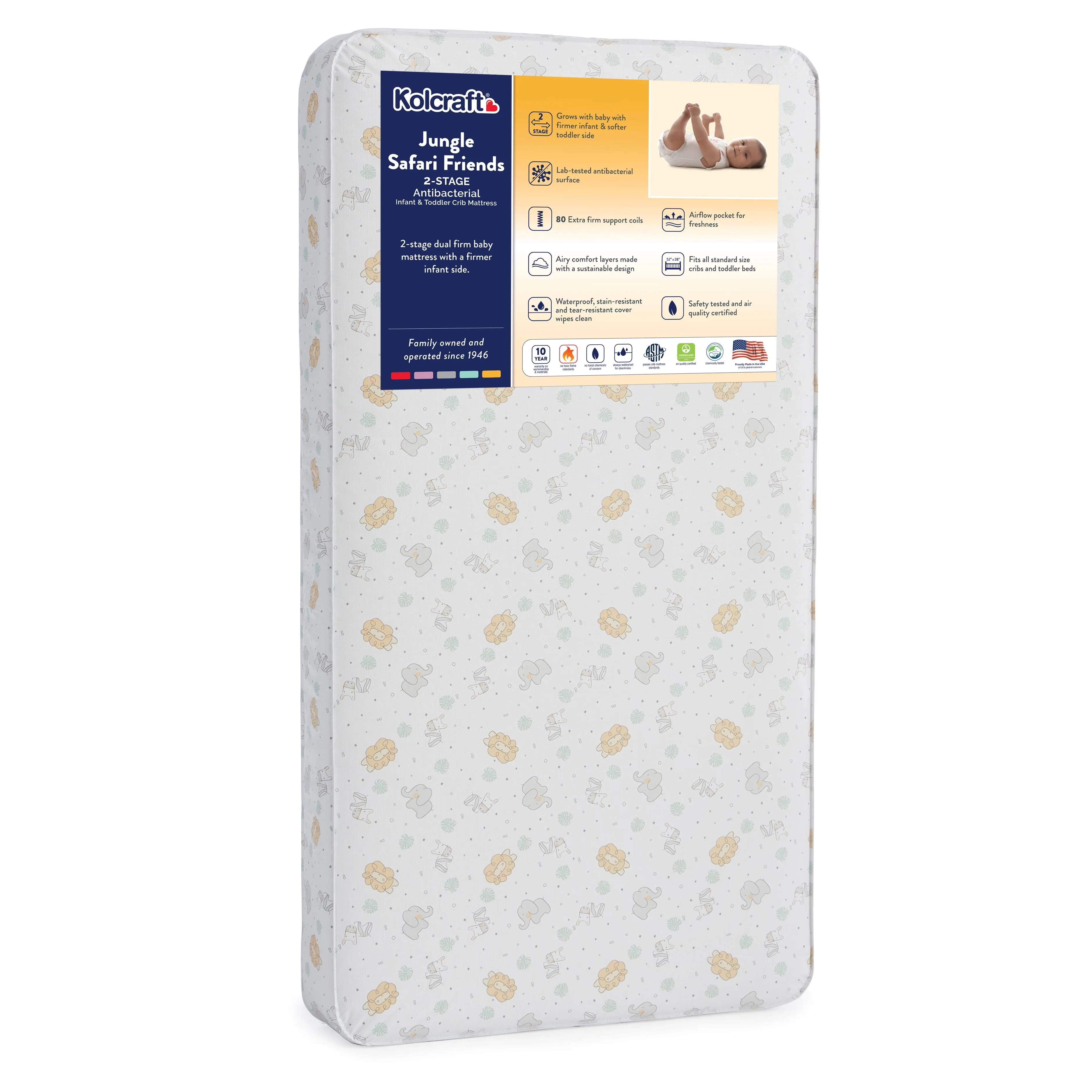 Kolcraft 2-Stage Antibacterial Baby Crib Mattress and Toddler Bed Mattress - Jungle Safari