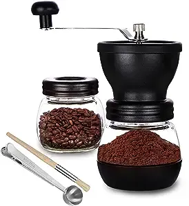 PARACITY Manual Coffee Bean Grinder with Ceramic Burr, Hand Coffee Grinder Mill Small with 2 Glass Jars( 11OZ per Jar) Stainless Steel Handle for Drip Coffee, Espresso, French Press, Turkish Brew