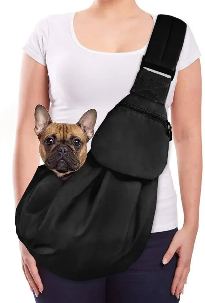 Lukovee Pet Sling, Hand Free Dog Sling Carrier Adjustable Padded Strap Tote Bag Breathable Cotton Shoulder Bag Front Pocket Safety Belt Carrying Small Dog Cat Puppy Machine Washable (Black, M)