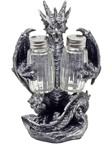 Dragon Salt &amp; Pepper Shaker Holder Fantasy Gothic Medieval Chinese Polyresin