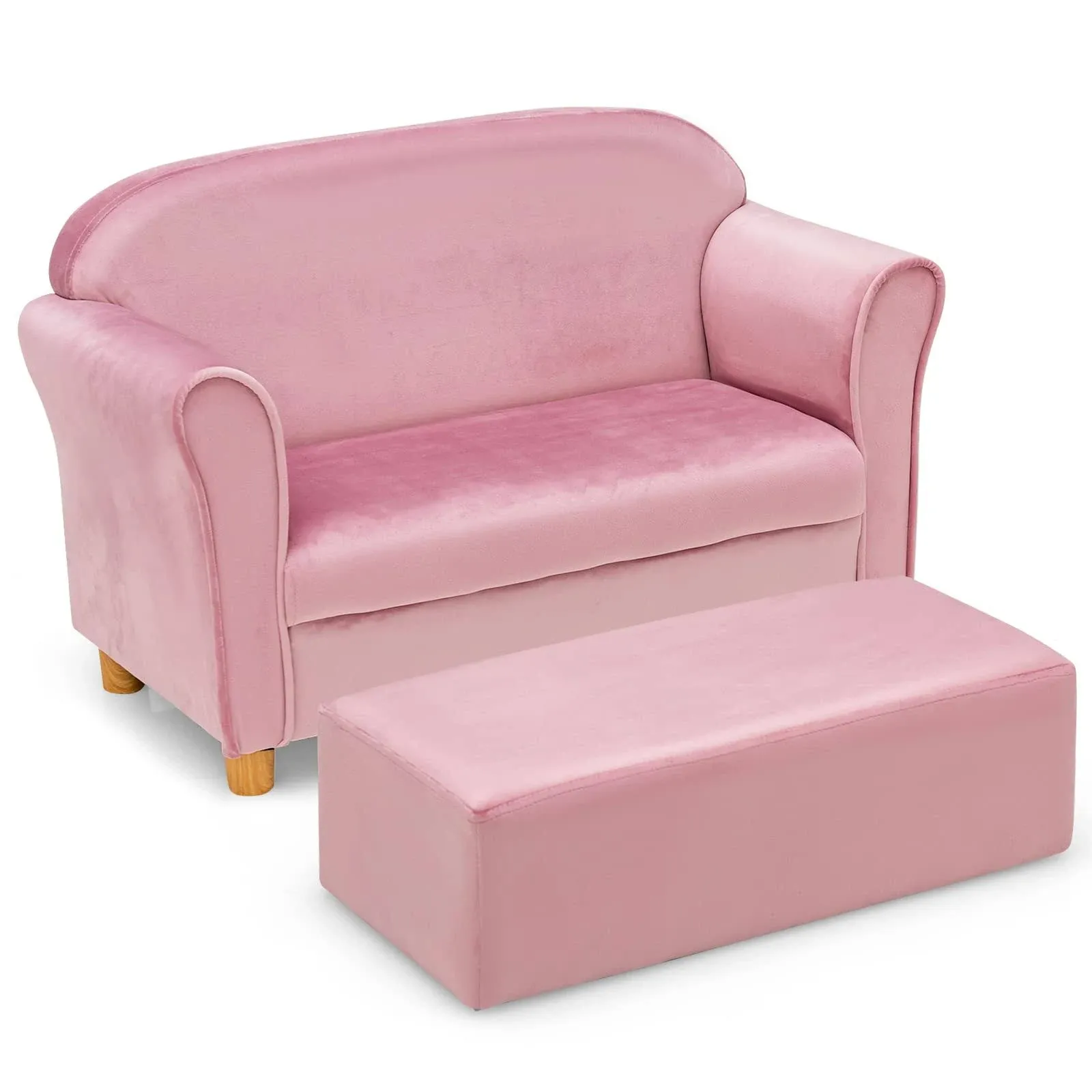 INFANS Kids Sofa with Footstool, 2 Seat Toddler Upholstered Couch, Pink