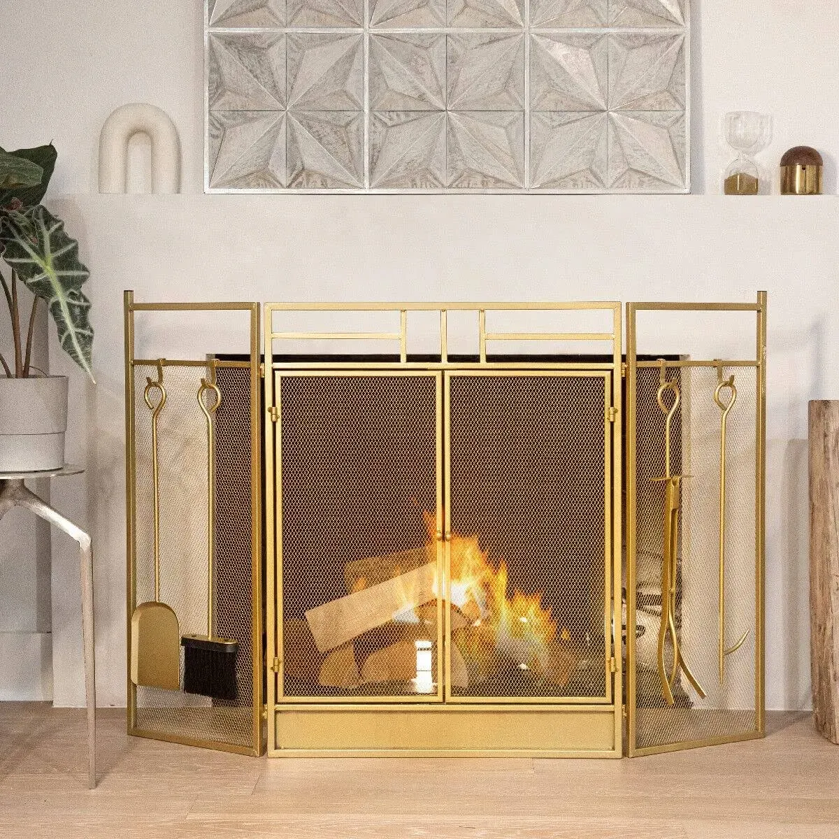 Barton 48&#034; Fireplace Screen 3-Panel Foldable Doors With 4-Pieces Fireplace Tool