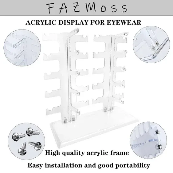 FAZMoss Sunglasses Rack Glasses Holder Two Row 10 Pairs Eyeglasses Acrylic Eyewear Display Stand