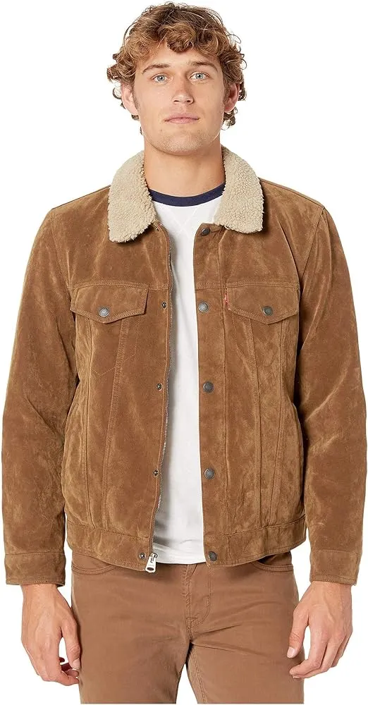 LEVI&#039;S Men Faux-suede Trucker Jacket With Fleece Lining Cognac Size M 75002