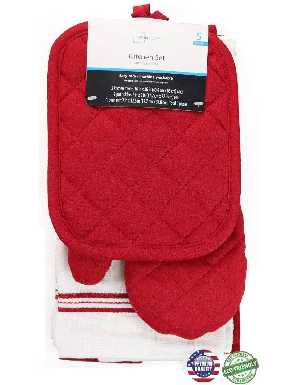 Mainstays Kitchen Towel, Oven Mitt &amp; Pot Holder Kitchen Set, 5 Piece, Red