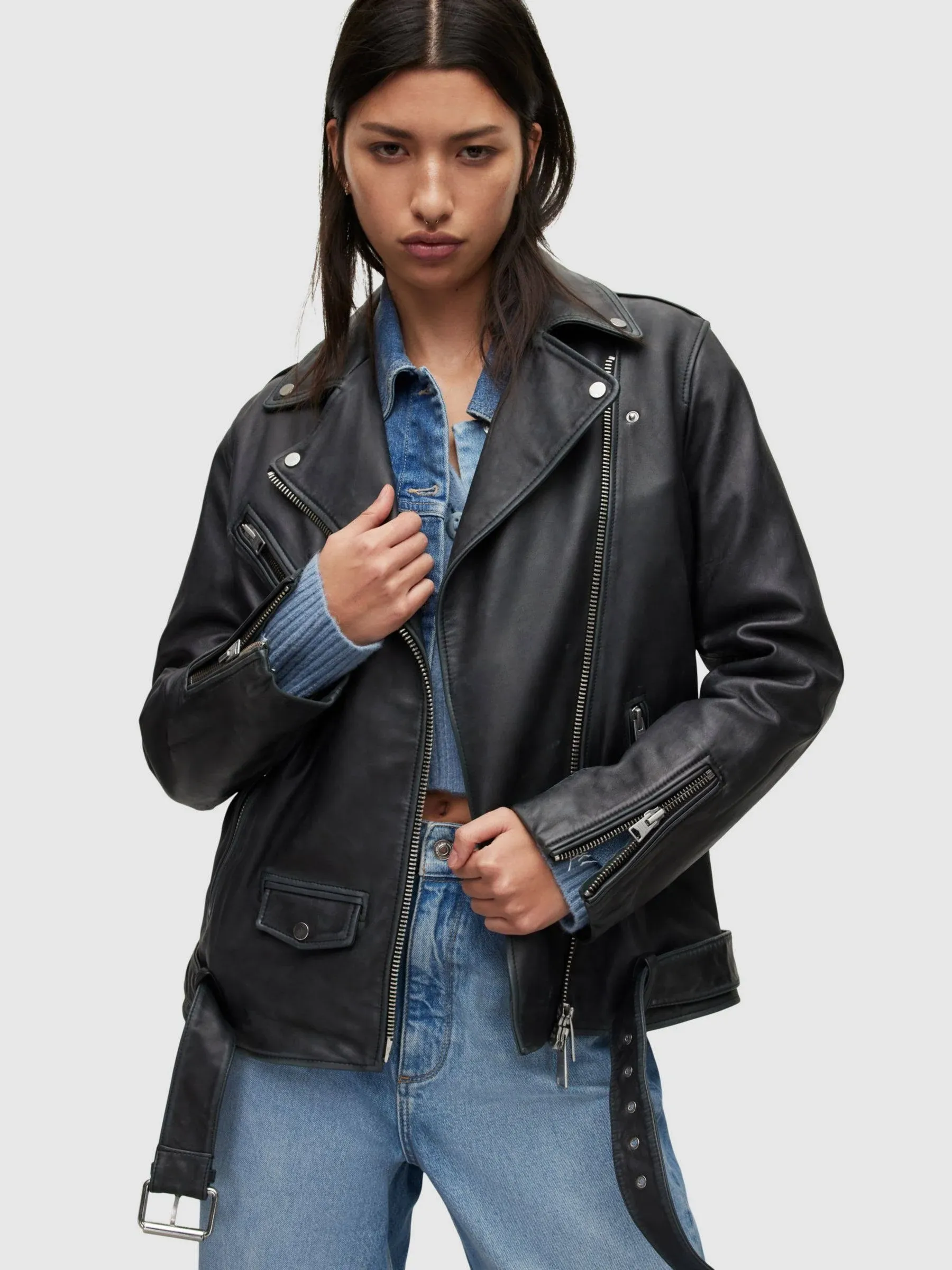 Womens Black Billie Leather Biker Jacket S