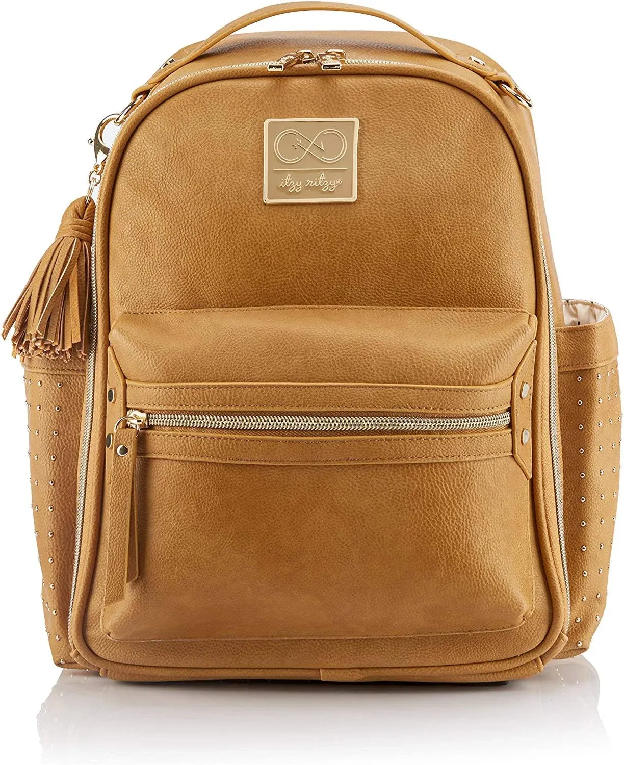 Chelsea + Cole for Itzy Ritzy Mini Diaper Bag Backpack - Studded Mini Diaper Bag Backpack with Changing Pad, 8 Pockets, Rubber Feet & Tassel; Caramel with Sweetheart Print Interior and Gold Hardware