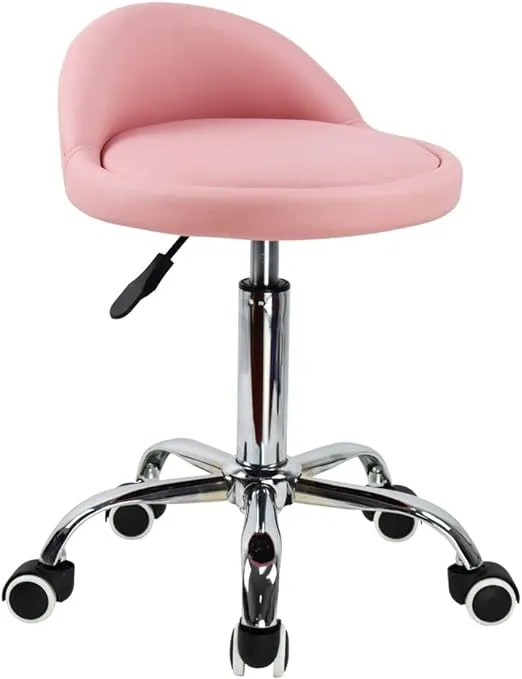 KKTONER PU Leather Round Rolling Stool with Back Rest Height Adjustable Swivel Drafting Work Spa Task Chair with Wheels (Pink)