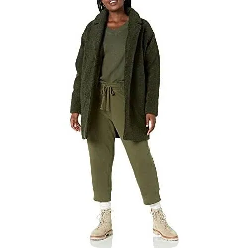 Daily Ritual Womens Teddy Bear Fleece Oversized-Fit Lapel Jacket Olive Large