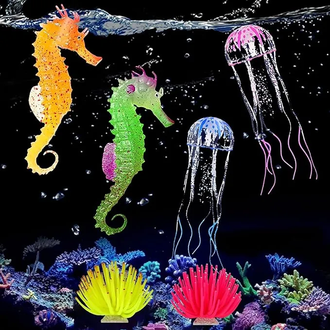 Glowing Aquarium Ornaments Silicone Fish Tank Decor Artificial Sea Anemones Decorations Including Coral Jellyfish Sea Horse, Christmas Tree Sillicon Ornament Decoration for Aquarium Fish TankGlowing Aquarium Ornaments Silicone Fish Tank Decor Artificial 