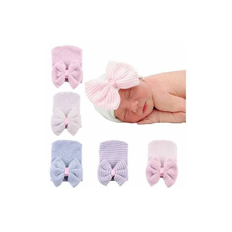 Newborn Hospital Hat Infant Baby Caps with One Size, 5 Pack Bow/0-6 Month 