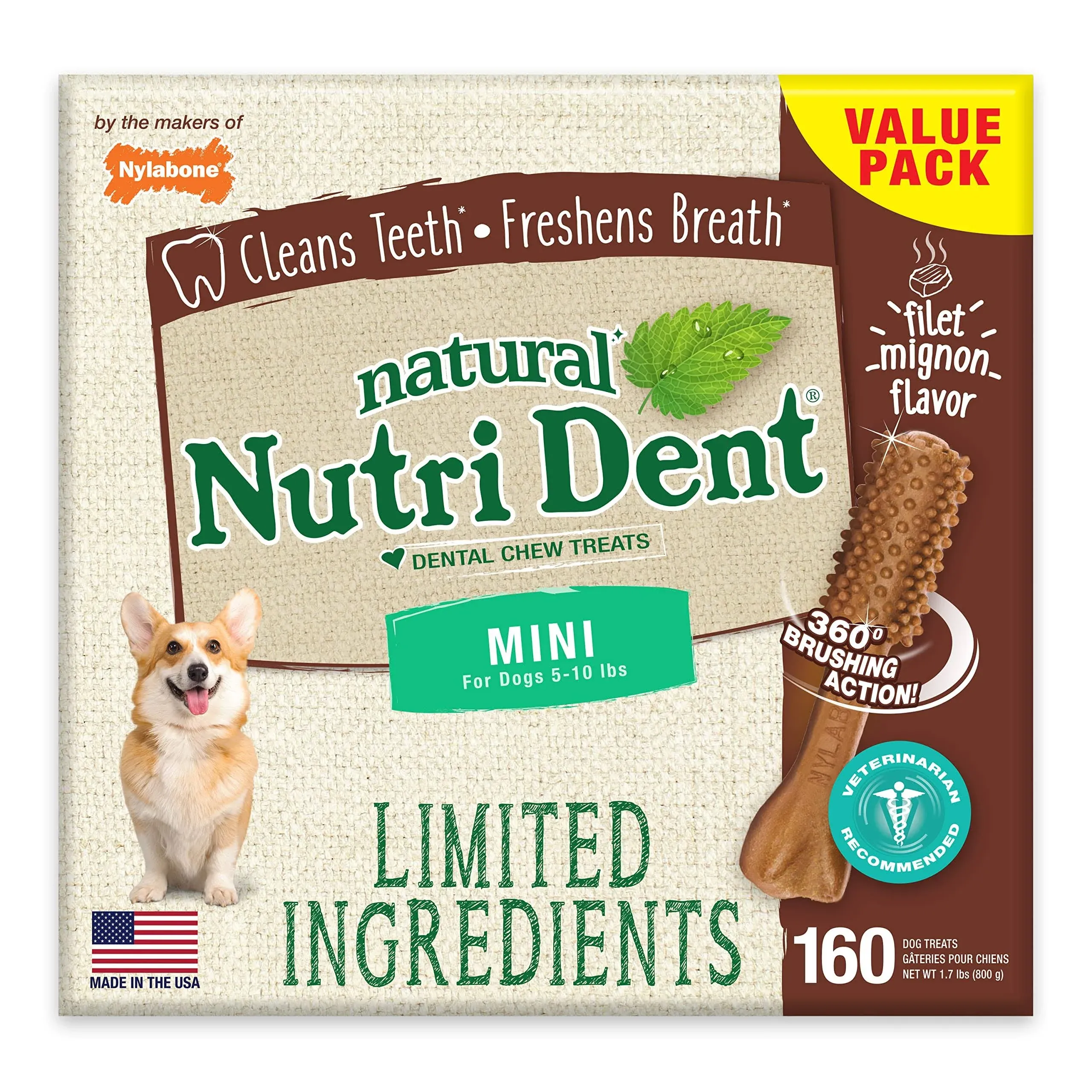 Nylabone Natural Nutri Dent Filet Mignon Dental Chews - Limited Ingredients - Mini - 160 Count