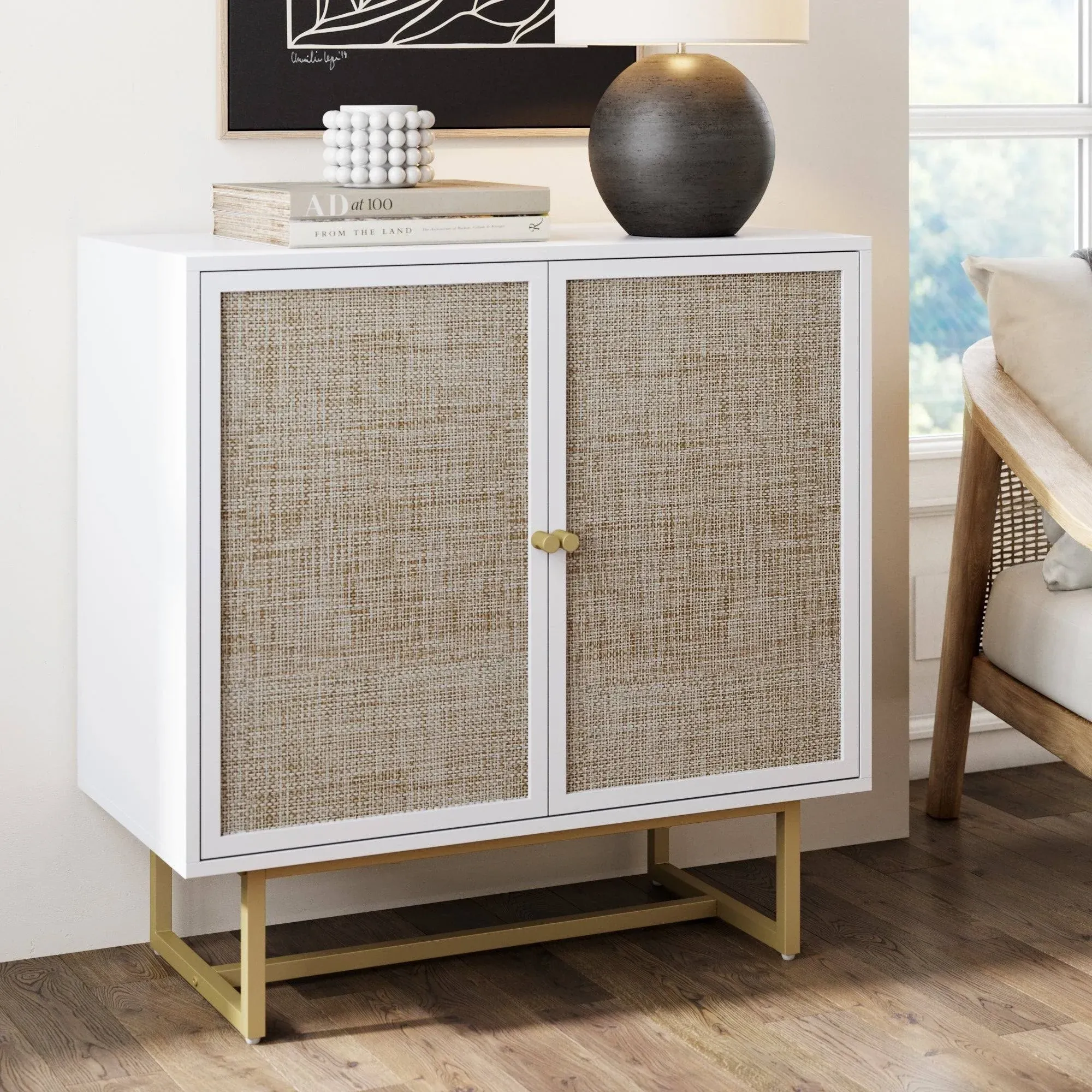 Nathan James Sideboard Buffet Modern Storage, Free Standing Accent Cabinet for Hallway, Entryway or Living Room, 1, White/Cane/Brass