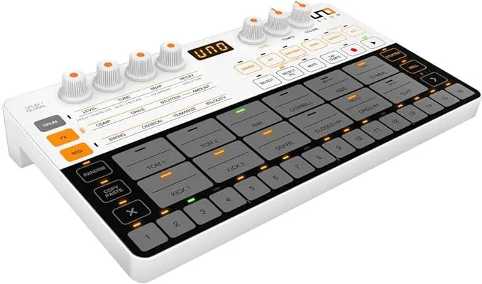 IK Multimedia UNO Drum analog and digital drum machine with 6 analog voices, 64-Step Sequencer, USB and 2.5mm MIDI, 100 pattern presets, battery-powered and portable