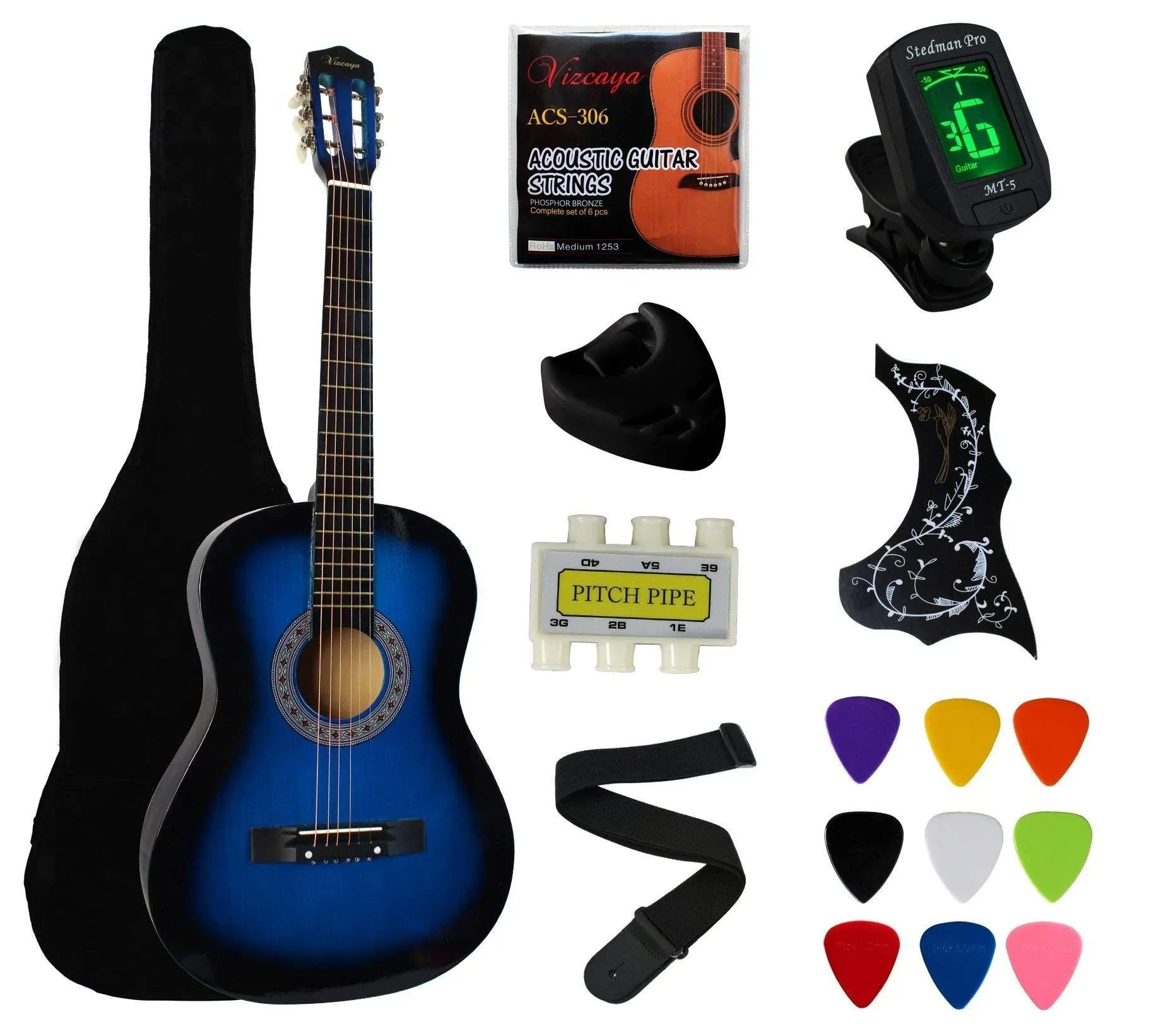 YMC 38 inch Blue Beginner Acoustic Guitar Starter Package Student Guitar with Gig ...