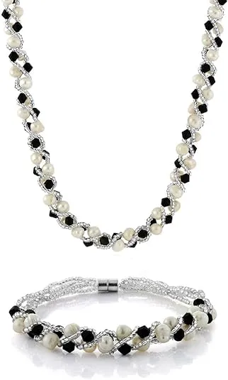 17&#034; White Cultured Freshwater Pearl &amp; Black Crystal Necklace + Bracelet Set 7&#034;