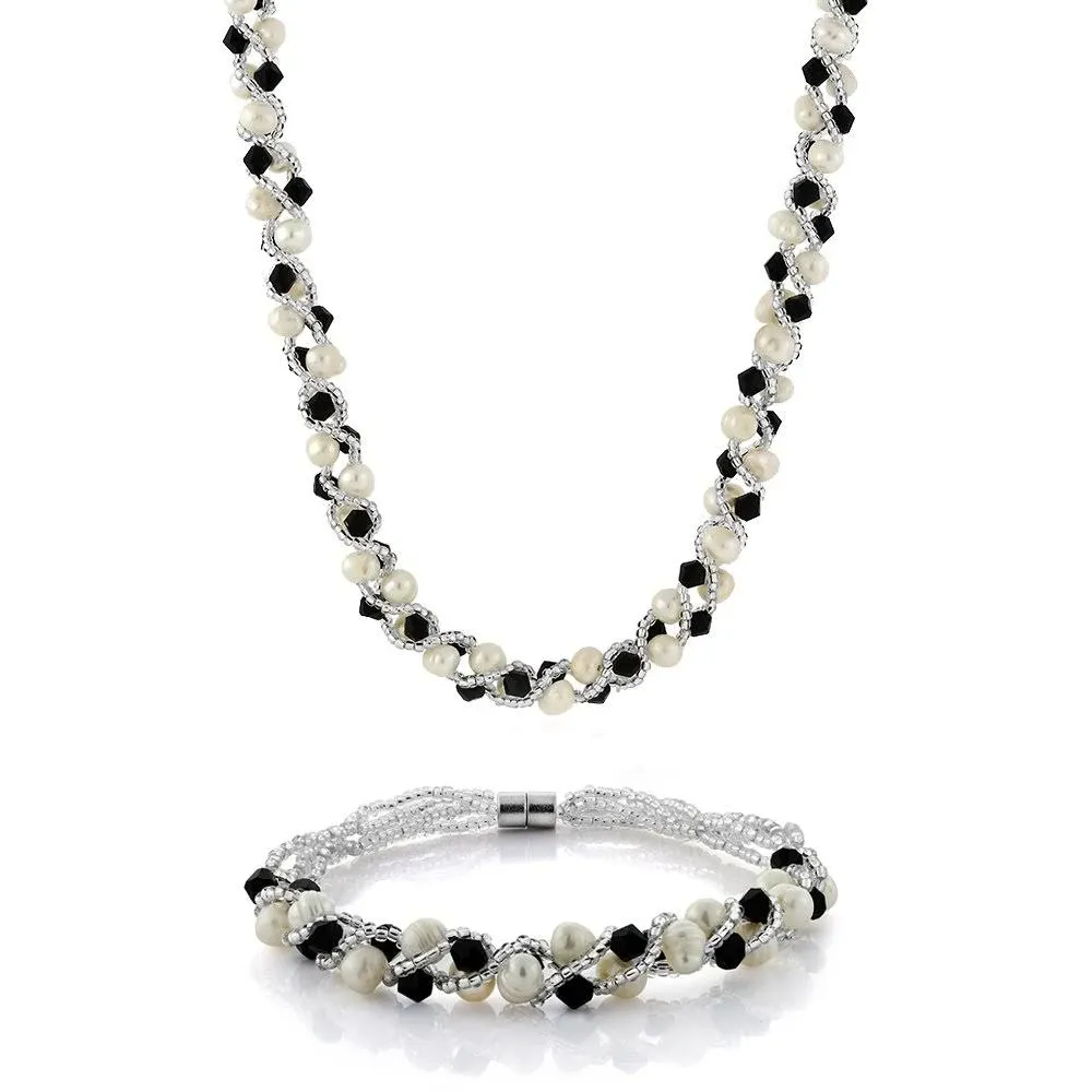 17&#034; White Cultured Freshwater Pearl &amp; Black Crystal Necklace + Bracelet Set 7&#034;