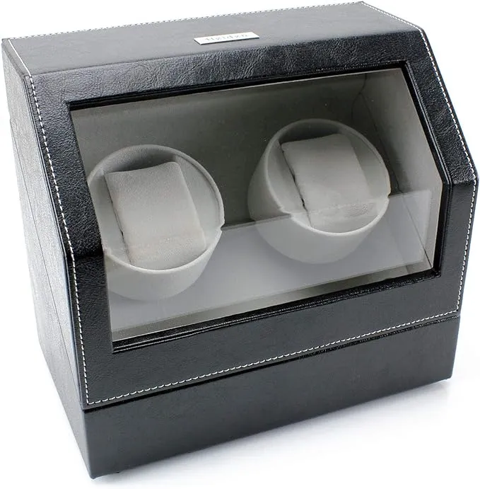 Battery Powered Double Watch Winder in Black Leather