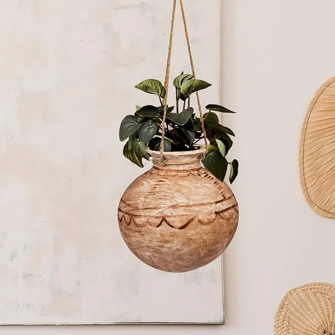 Creative Co-Op Large Hanging Clay Pot with Jute Hanger (Each one Will Vary)